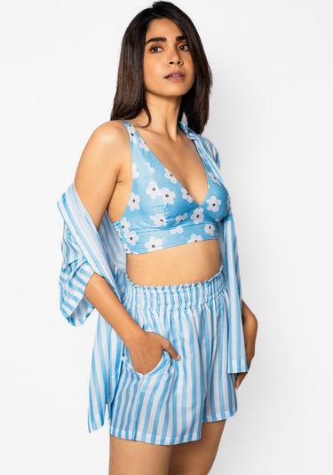 Blue Striped Muslin – 3-Piece Beachwear Set