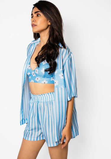 Blue Striped Muslin – 3-Piece Beachwear Set