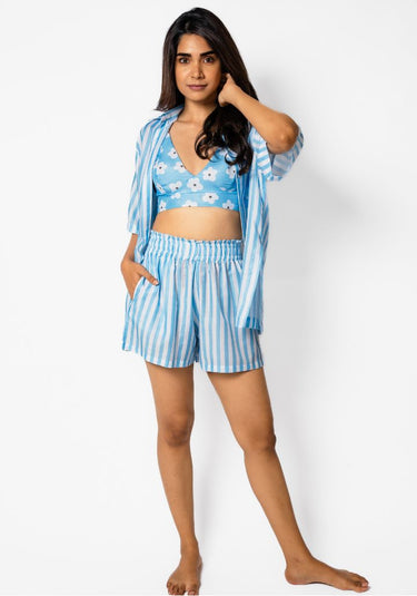 Blue Striped Muslin – 3-Piece Beachwear Set