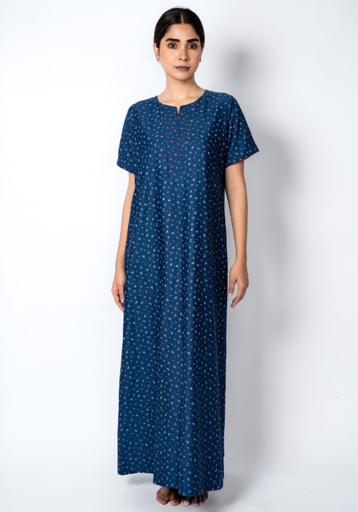 Soft Cotton Nighty with Embroidered Neck Details