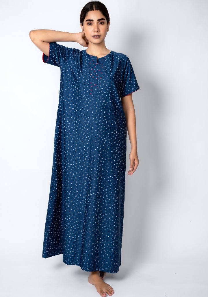 Soft Cotton Nighty with Embroidered Neck Details