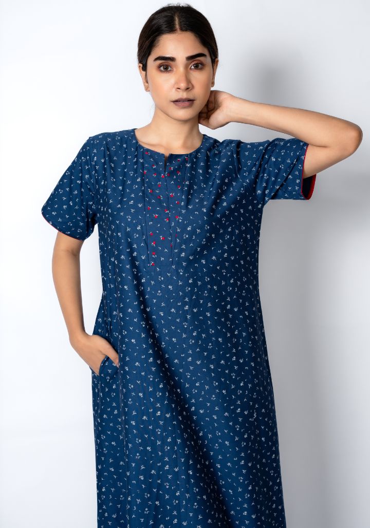 Soft Cotton Nighty with Embroidered Neck Details