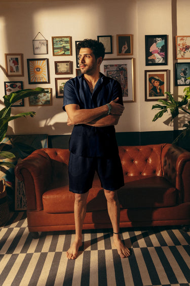 Navy Cuban Collar Shirt