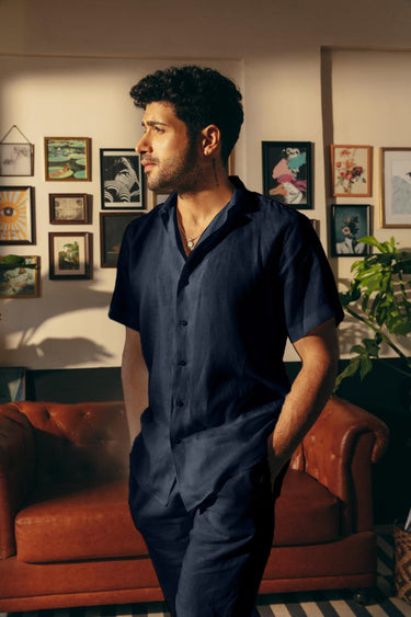 Navy Cuban Collar Shirt