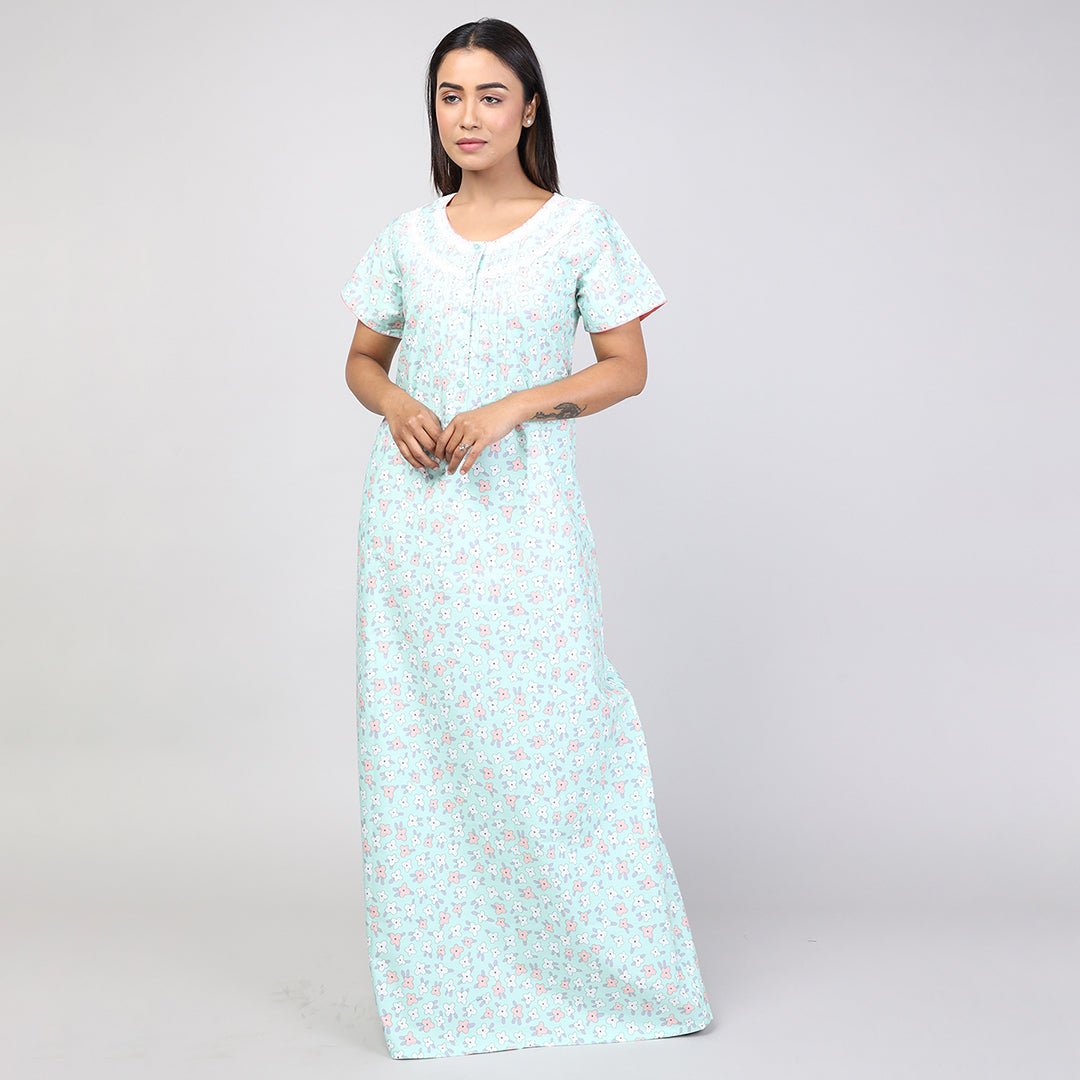 Women Green Print Machine Embroidery Cotton Cambric Nighty