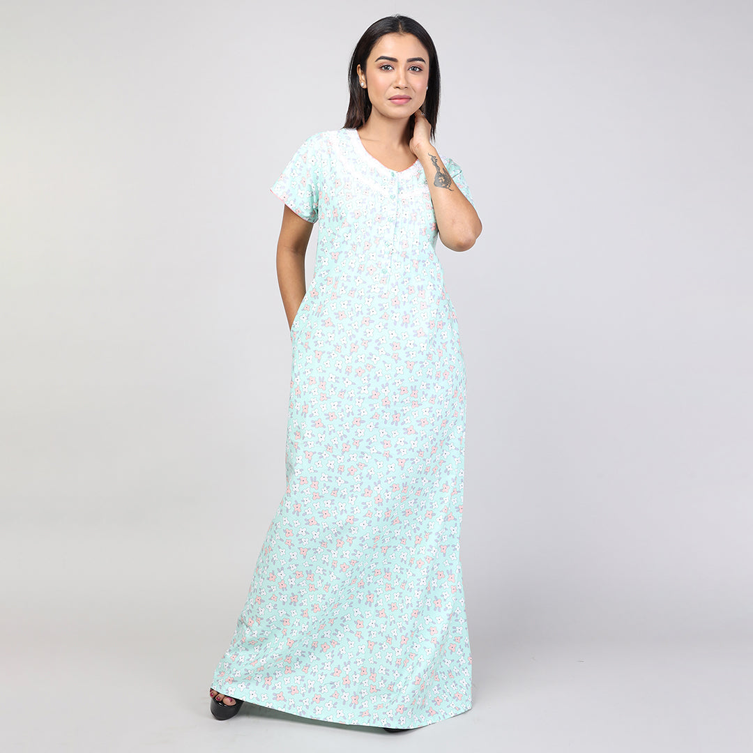 Women Green Print Machine Embroidery Cotton Cambric Nighty