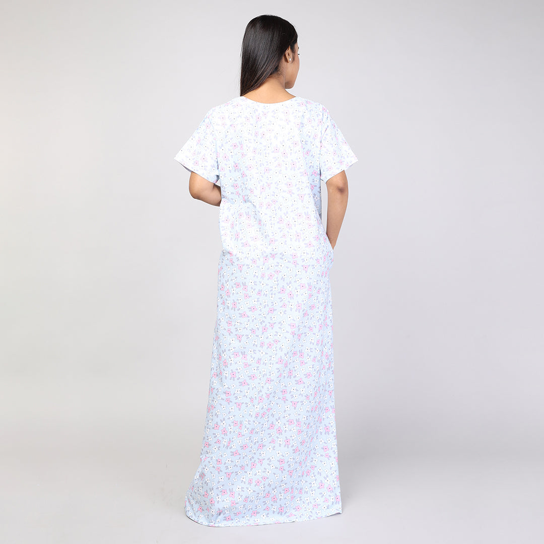 Women Printed Light Blue Cotton Cambric Nighty