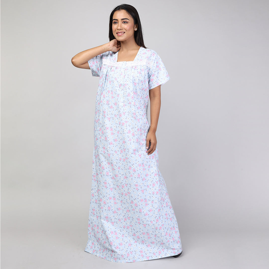 Women Printed Light Blue Cotton Cambric Nighty