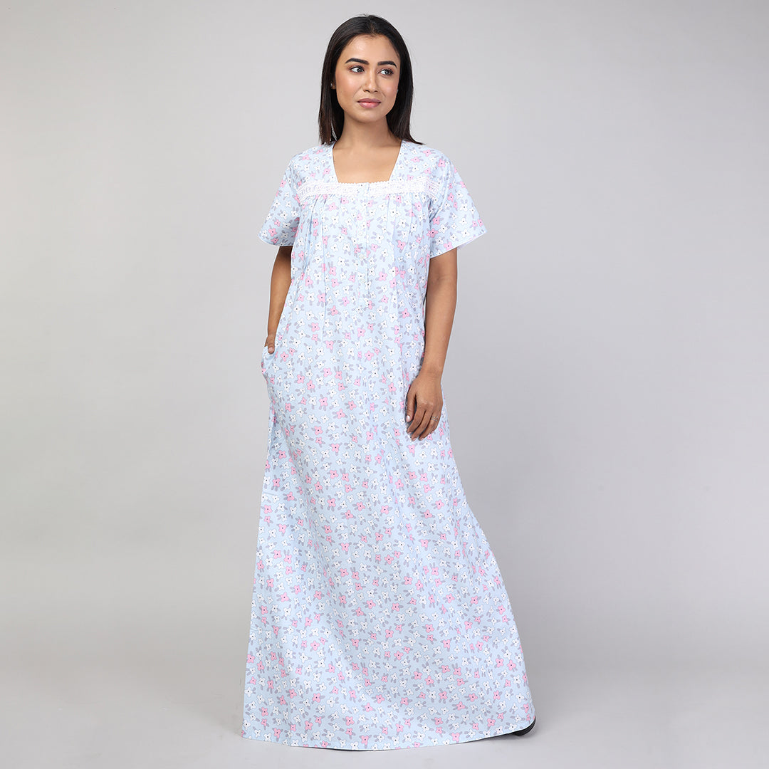 Women Printed Light Blue Cotton Cambric Nighty