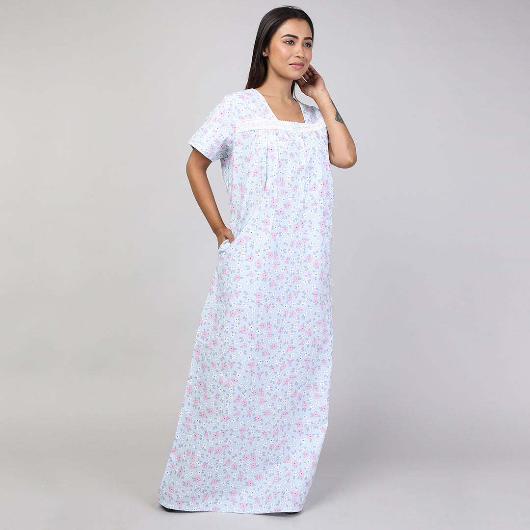 Women Printed Light Blue Cotton Cambric Nighty