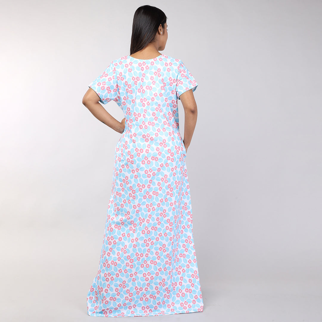 Women Blue Floral Machine Embroidery Cotton Nighty