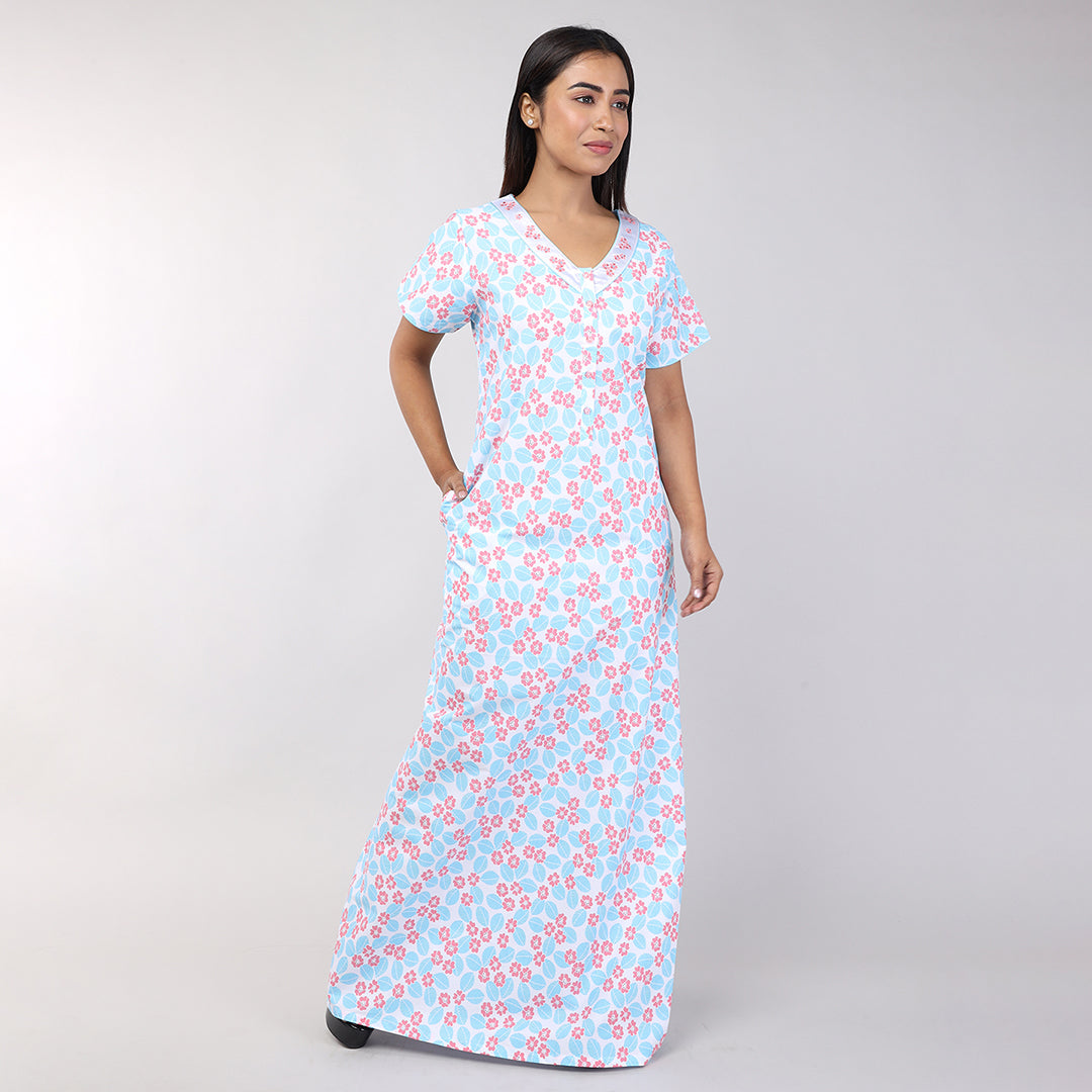 Women Blue Floral Machine Embroidery Cotton Nighty