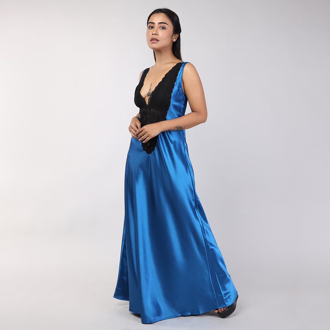 Teal Blue Satin Women's Bridal Nightgown Set