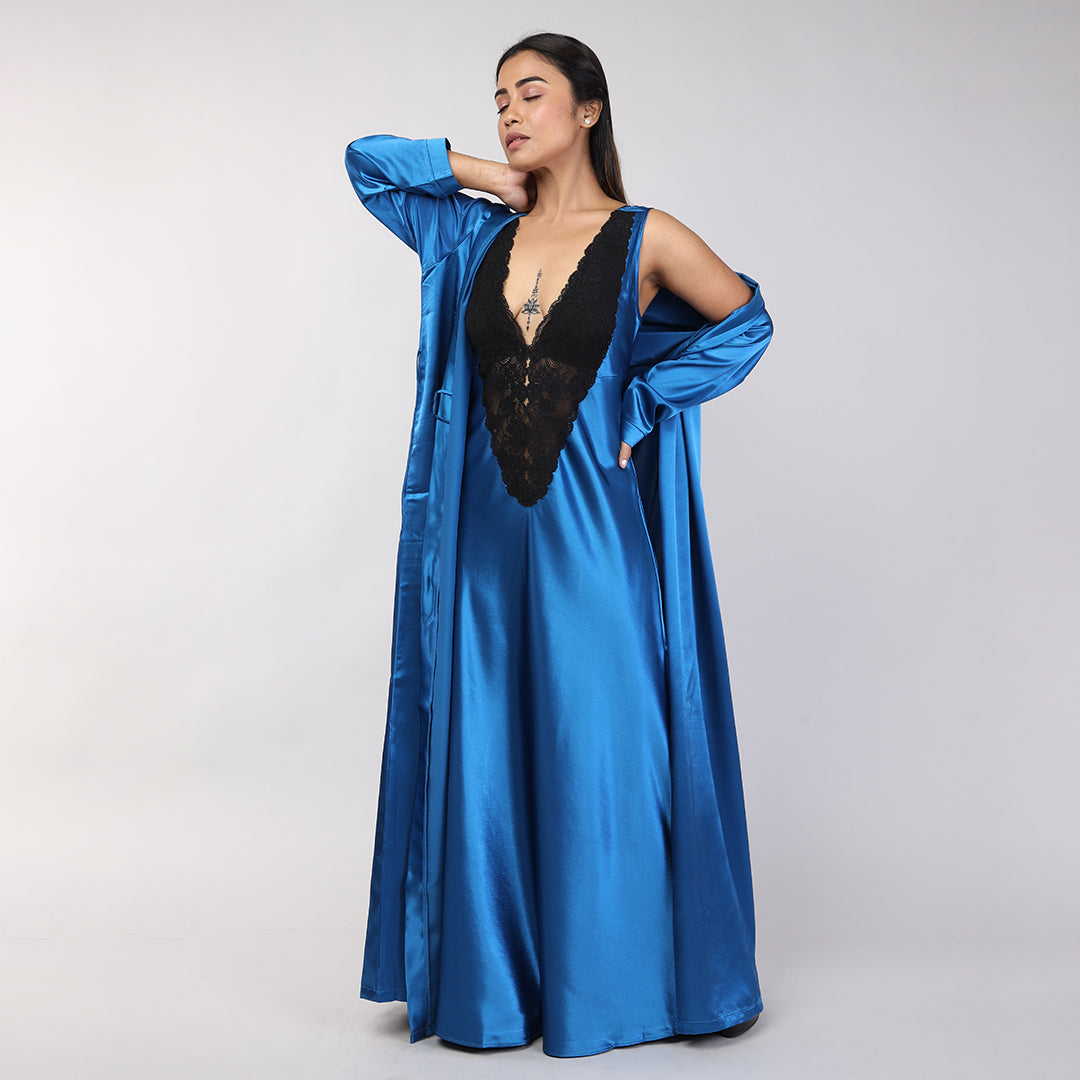 Teal Blue Satin Women's Bridal Nightgown Set