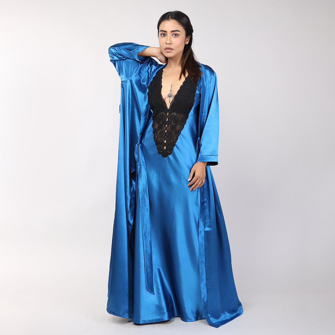 Teal Blue Satin Women's Bridal Nightgown Set