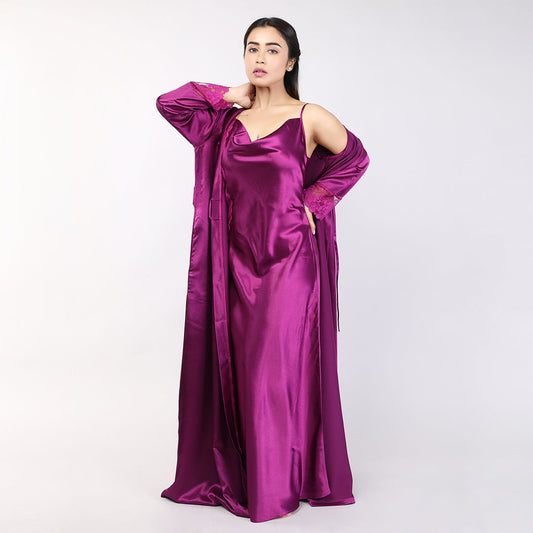 Purple Satin Bridal Nighty Gown Set for Women