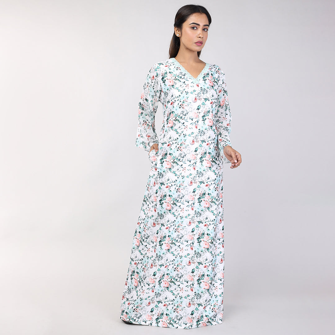 Women OffWhite Floral Print Satin Nighty