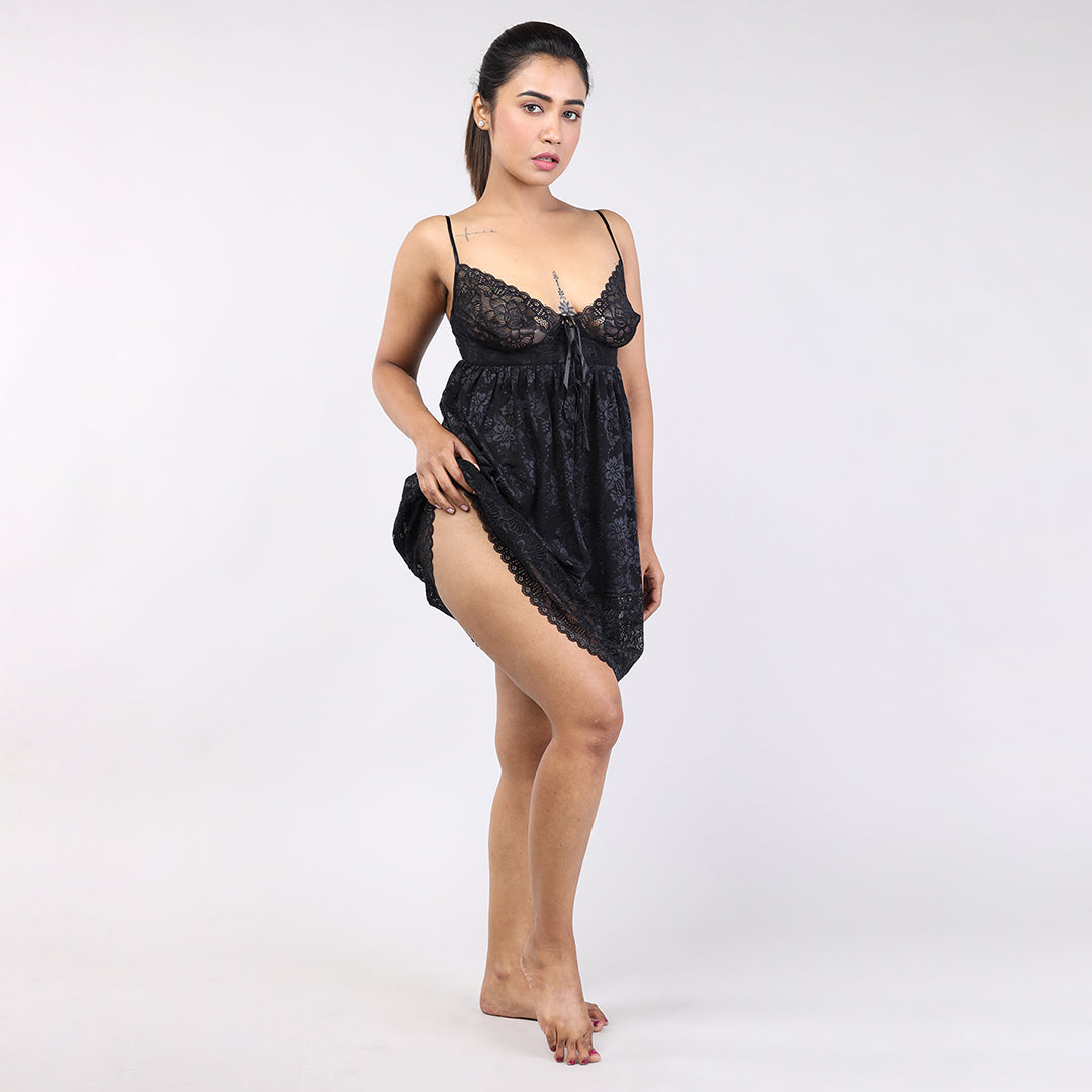 Stylish Black Net Mesh Spaghetti Strap Sleepwear for Women