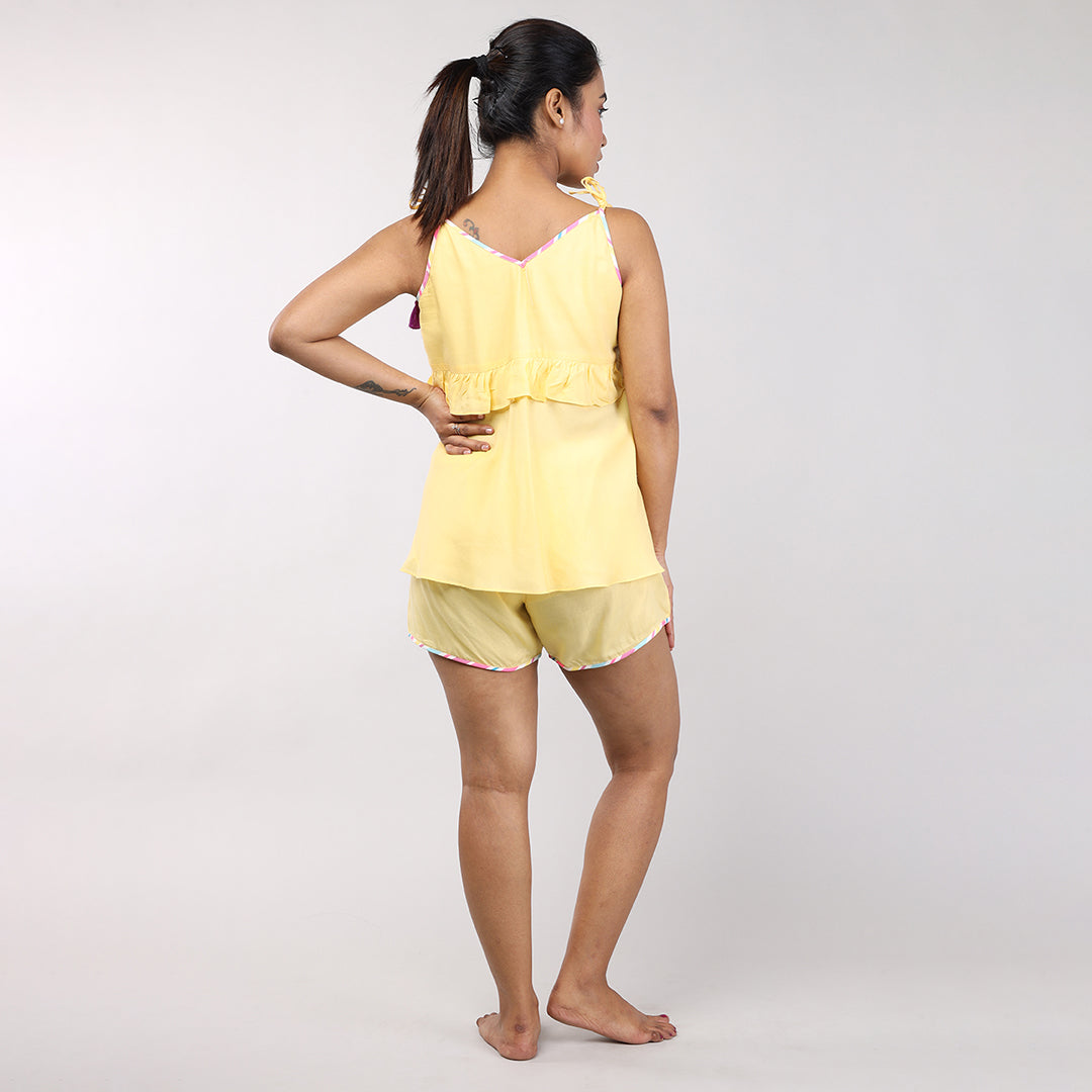 Stylish and Comfortable Yellow Cotton Rayon Women's Shorts Set