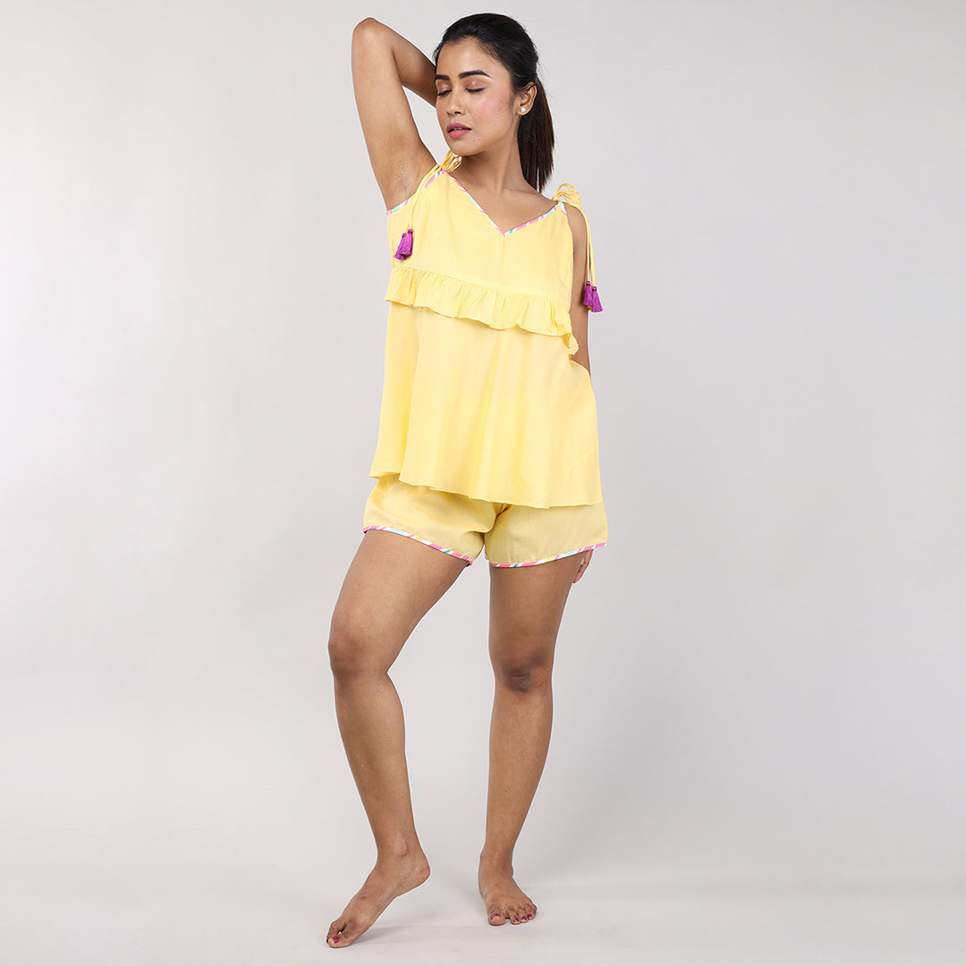 Stylish and Comfortable Yellow Cotton Rayon Women's Shorts Set