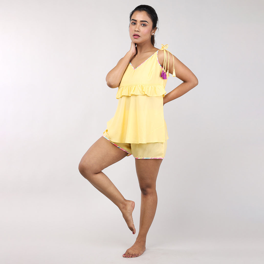 Stylish and Comfortable Yellow Cotton Rayon Women's Shorts Set