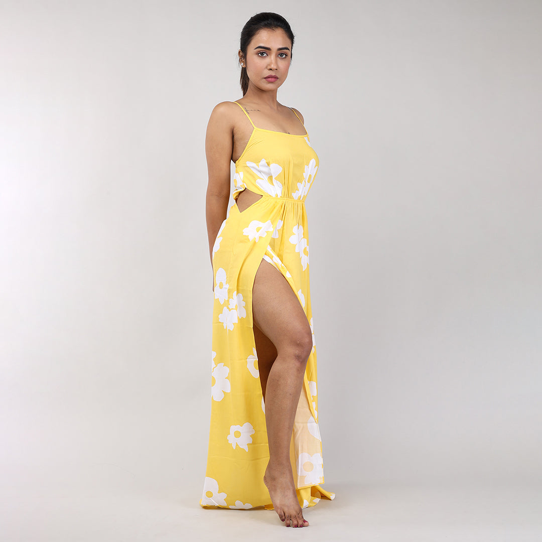 Women Yellow Floral Print Rayon Beach Wear