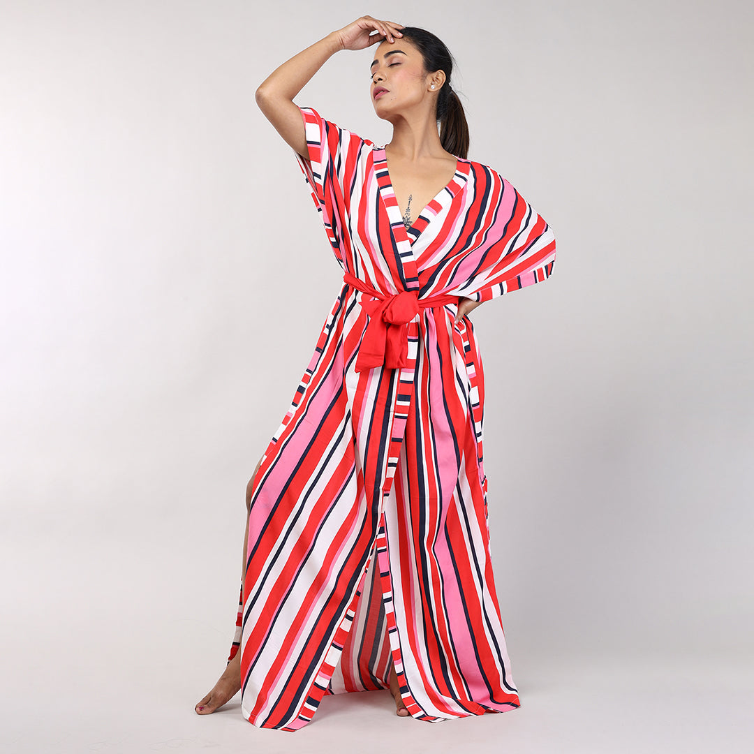 Multi-Coloured Striped Rayon House Coats for Women