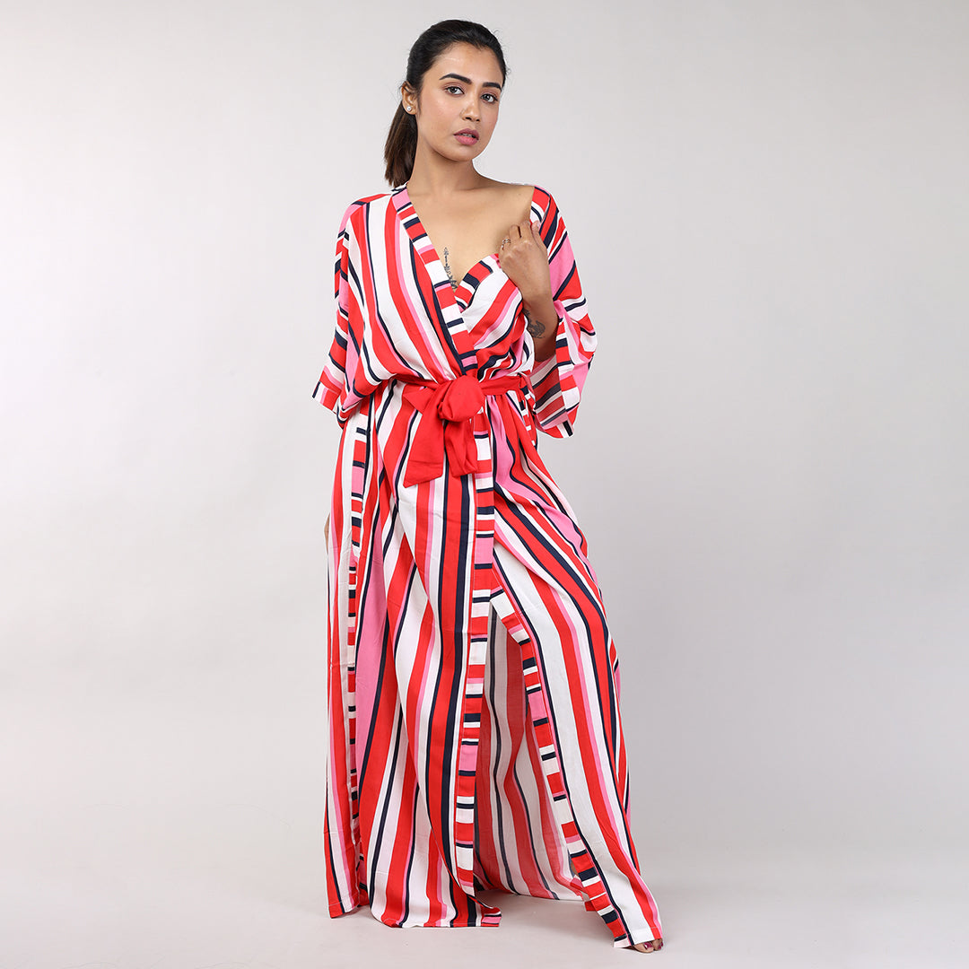 Multi-Coloured Striped Rayon House Coats for Women