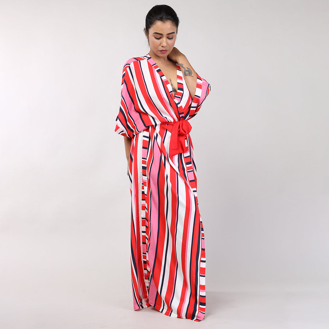 Multi-Coloured Striped Rayon House Coats for Women