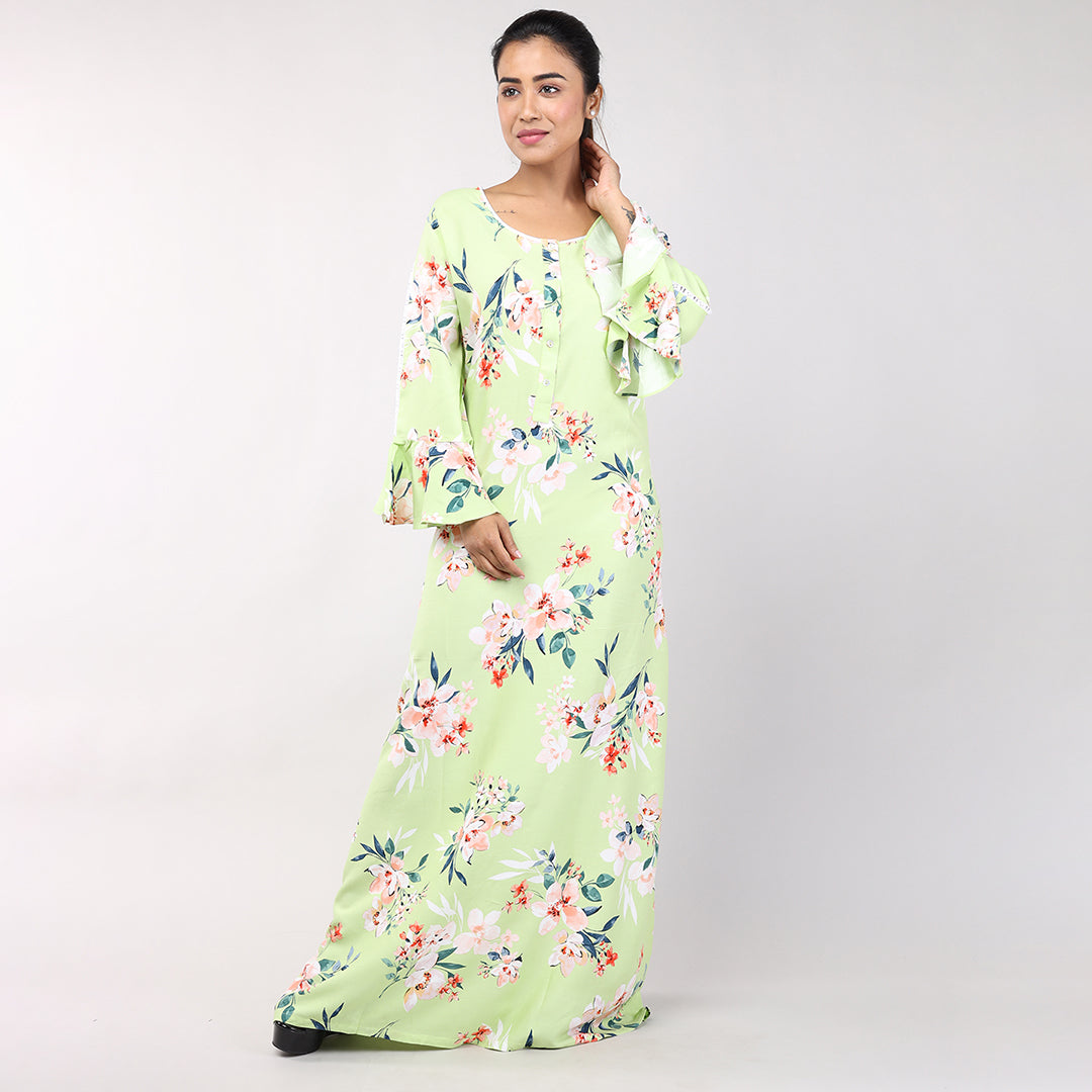 Women Green Floral Rayon Cotton Nighty