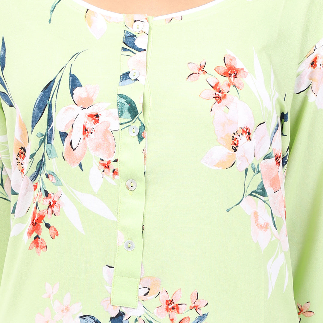 Women Green Floral Rayon Cotton Nighty