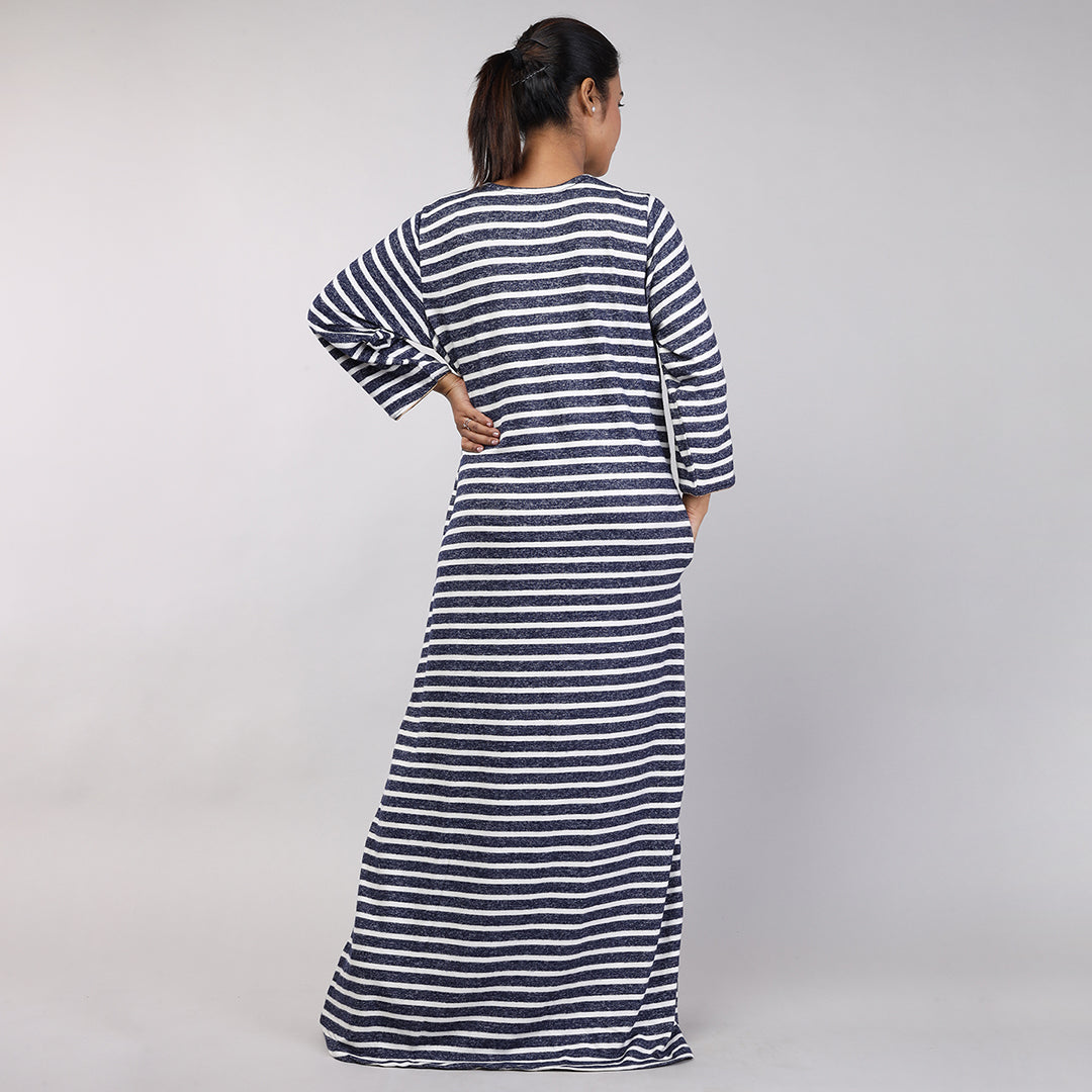 Women Navy Blue Stripes Hand Embroidery Knitted Winter Nighty