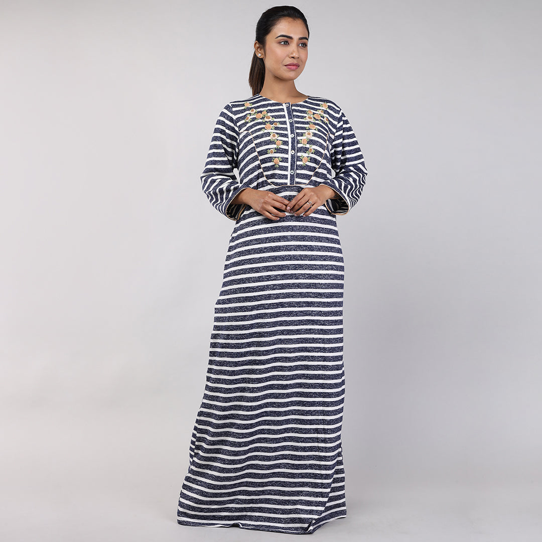 Women Navy Blue Stripes Hand Embroidery Knitted Winter Nighty