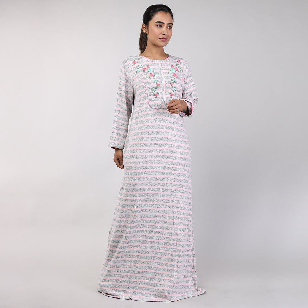 Women Pink Stripes Hand Embroidery Knitted Winter Nighty