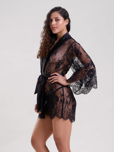 Black Lace Robe With Halter Bralette Set