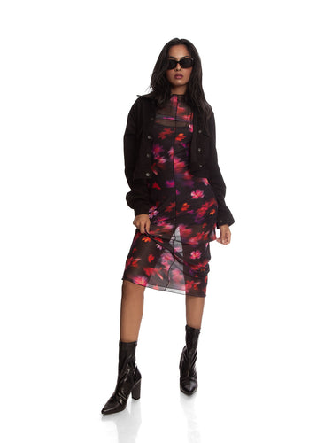 Digital Floral Print Black Mesh Maxi Dress