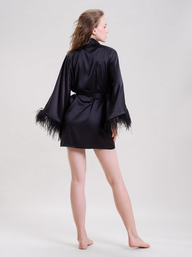 Midnight Black Robe With Feather Sleeves
