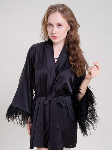 Midnight Black Robe With Feather Sleeves