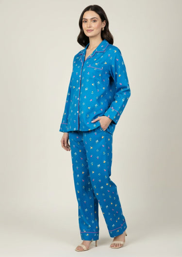Azure Bloom Rayon Cotton Printed Pajama Set