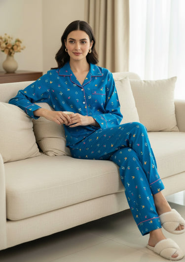 Azure Bloom Rayon Cotton Printed Pajama Set
