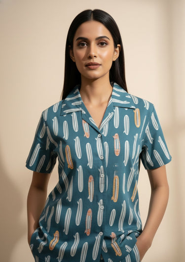 Teal Cactus Hand Embroidered Night Set