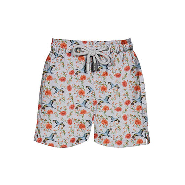 House of Malabaar boy's swim shorts with flying crane print.