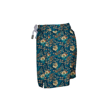 House of Malabaar men's swim shorts with tropical leaves and hibiscus flowers.