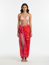 Sangria printed sarong full-length front view on model – women’s resortwear