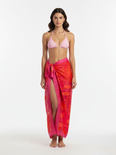 Sangria printed sarong full-length front view on model – women’s resortwear