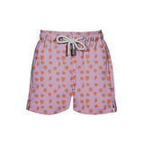 House of Malabaar pink boy's swim shorts with playful print of tropical leaves.
