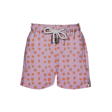 House of Malabaar pink boy's swim shorts with playful print of tropical leaves.
