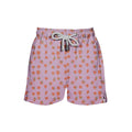 House of Malabaar pink boy's swim shorts with playful print of tropical leaves.