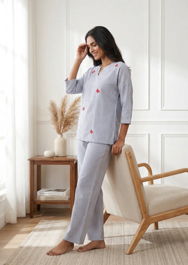 Azure Butterfly Stripe Night Set