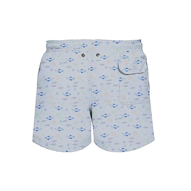 House of Malabaar boy's ocean life print swim shorts with back pocket.